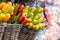 Group of colorful wooden tulips, Netherlands. Souvenirs from Amsterdam in holland