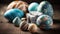 a group of colorfully painted eggs on a wooden table