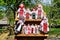 Group of colourful textile traditional hand made decorations, dolls and  toys for children, available for sale at a traditional