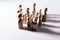 Group of confused grouped people, represented by wooden figures, isolated in studio on white background