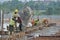 Group of construction workers casting floor slab beam