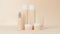 Group of cosmetic products bottles, cream and lotion jars on beige background 3D render motion