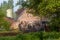 Group of cows waiting to enter the meadow, at a traditional Dutch farmhouse