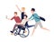 Group of crazy happy friends running, carrying boy sitting in wheelchair and making selfie. Friendship and support for