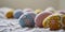 A group of crocheted eggs laying on a blanket in the snow, AI