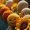 A group of crocheted items are arranged in a row, AI