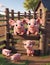 A group of cute and adorable piglets playing on the wood fence in the farm, dinamic scene, 8k, printable, 3D animation style