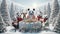 A group of cute animals gathered around at winter seasonal festive round dinner table in snowy forest, illustration created using