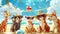 A group of cute animals wearing sunglasses and hats