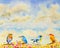 Group cute baby birds on the branches watercolor painting