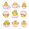 Group of cute baby chicken in broken easter egg shell collection, playful animal cartoon hand drawing outline vector