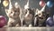 A group of cute kitten cats wearing party hats and playing with confetti and balloons. Generative AI