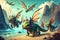 group of cute little dragons playing, flying and diving in beautiful landscape