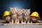 Group of cute little kittens with hard hat isolated on black background. A group of small kittens wearing construction hats, AI