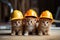 Group of cute little kittens with orange hardhat on the floor. A group of small kittens wearing construction hats, AI Generated