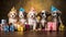 A group of cute and playful puppies wearing birthday hats