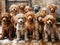 Group of cute poodle puppies sitting in rows