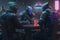 Group of cyborgs sitting at the table at night club.
