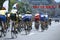 Group of cyclists moving to the finish line. Cycle race among amateurs