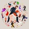 Group of dancing people, yong happy man and woman dance together and in a couple, girl sport dancer