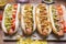 Group of Delicious Different Grilled Hot Dogs