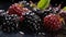 Group of Delicious Fresh Blackberries With Splashing Water on Dark Defocused Background