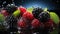 Group of Delicious Fresh Blackberries With Splashing Water on Dark Defocused Background