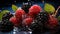 Group of Delicious Fresh Blackberries With Splashing Water on Dark Defocused Background