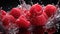 Group of Delicious Fresh Raspberries With Splashing Water on Dark Defocused Background