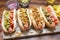 Group of Delicious Gourmet Grilled Hot Dogs