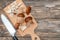 Group delicious white mushrooms on wooden table, partially chopped