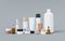 Group of different cosmetic bottles and jars 3D render