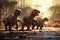 A group of dinosaurs crossing a street in a city.