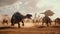 A group of dinosaurs running across a dirt field. Generative AI image.