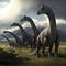 A group of diplodocus dinosaurs roaming through a grassy meadow