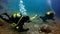 Group of divers underwater on bottom of volcanic origin in Atlantic ocean.