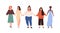 Group of diverse different heigh and weigh woman holding hand vector flat illustration. Happy girl union of feminists