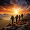 Group of Diverse Hikers Scaling Majestic Peaks in an Otherworldly Mountain Range