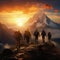 Group of Diverse Hikers Scaling Majestic Peaks in an Otherworldly Mountain Range