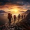 Group of Diverse Hikers Scaling Majestic Peaks in an Otherworldly Mountain Range