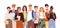 Group of diverse modern students or classmates standing together. Portrait of happy young people isolated on white