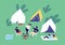 Group of diverse people relax at camping vector flat illustration. Tourists eat and cook food on campfire, play guitar