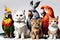 Group of Diverse Pet Animals Ranging from Fluffy Dogs and Sleek Cats to a Vibrant Parrot and a Lazy Bunny
