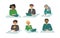 Group of diverse working people on white background. Businessman and businesswoman using laptop, tablet and smartphone