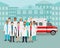 Group of doctors and nurses and ambulance car on cityscape background. Emergency medical service employee.