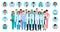 Group of doctors and nurses characters in different poses with vector profile avatars. Medical people. Hospital staff.