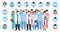 Group of doctors and nurses characters in masks in different poses with vector profile avatars. Medical people design