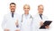 Group of doctors showing thumbs up over white