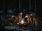 A group of dogs standing around a campfire. Generative AI image.