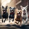 a group of dogs striking dynamic poses in a city park trending on artstation sharp focus studio